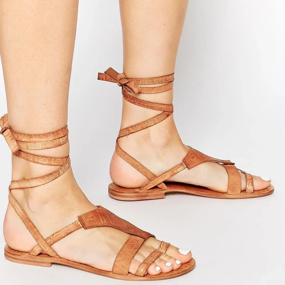 Free People Oliviera Tan Sandals Gladiator Flat Tooled LaceUp Ankle NEW 37 - 7 - Picture 14 of 14